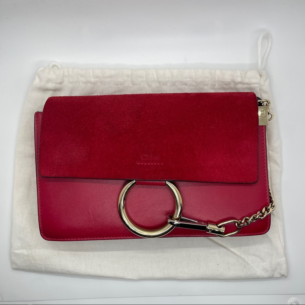 Chloe Faye Small Shoulder Bag in Smooth and Suede Calfskin in Tulip Red